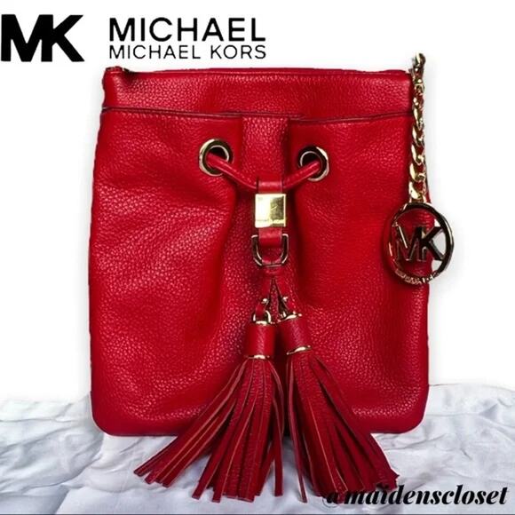 Michael Kors Camden Drawstring Fire Engine Red Pebble Leather Crossbody Bag - Picture 1 of 8
